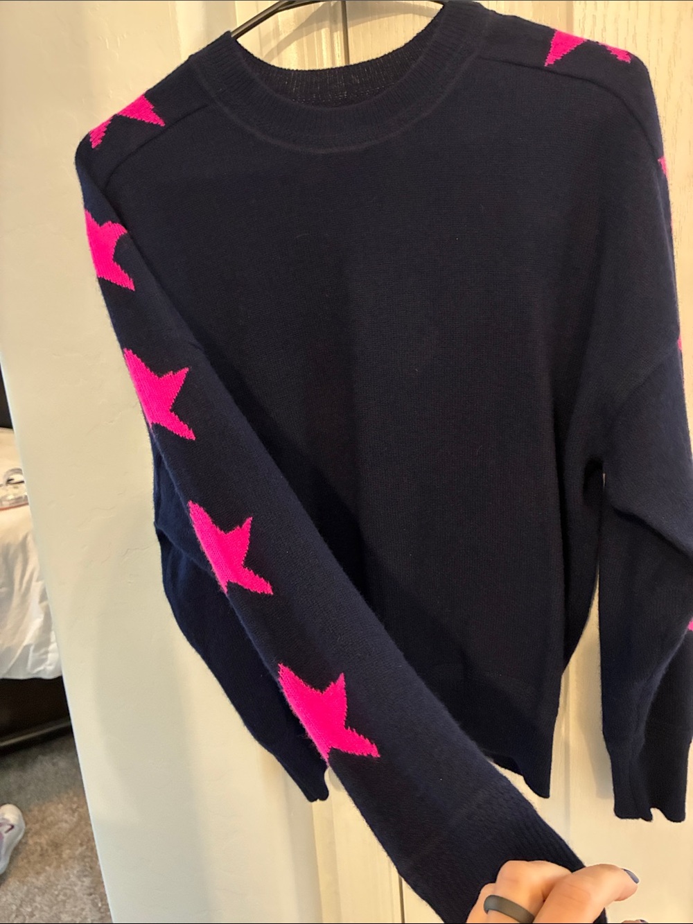 Aqua Navy Crewneck Sweater with Hot Pink Star Accents cashmere